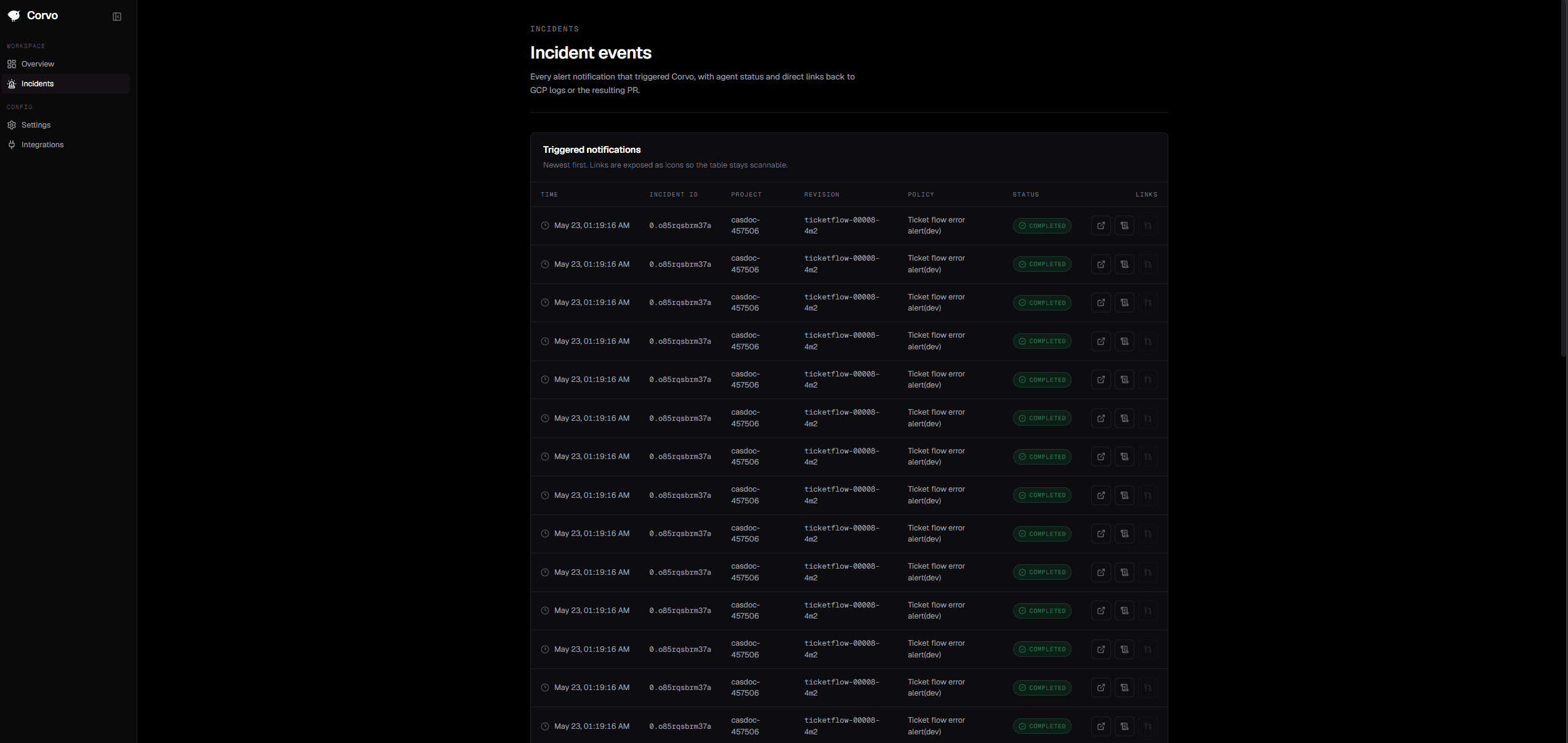 Corvo Incidents page listing recent alerts with status, error log, and PR fix links