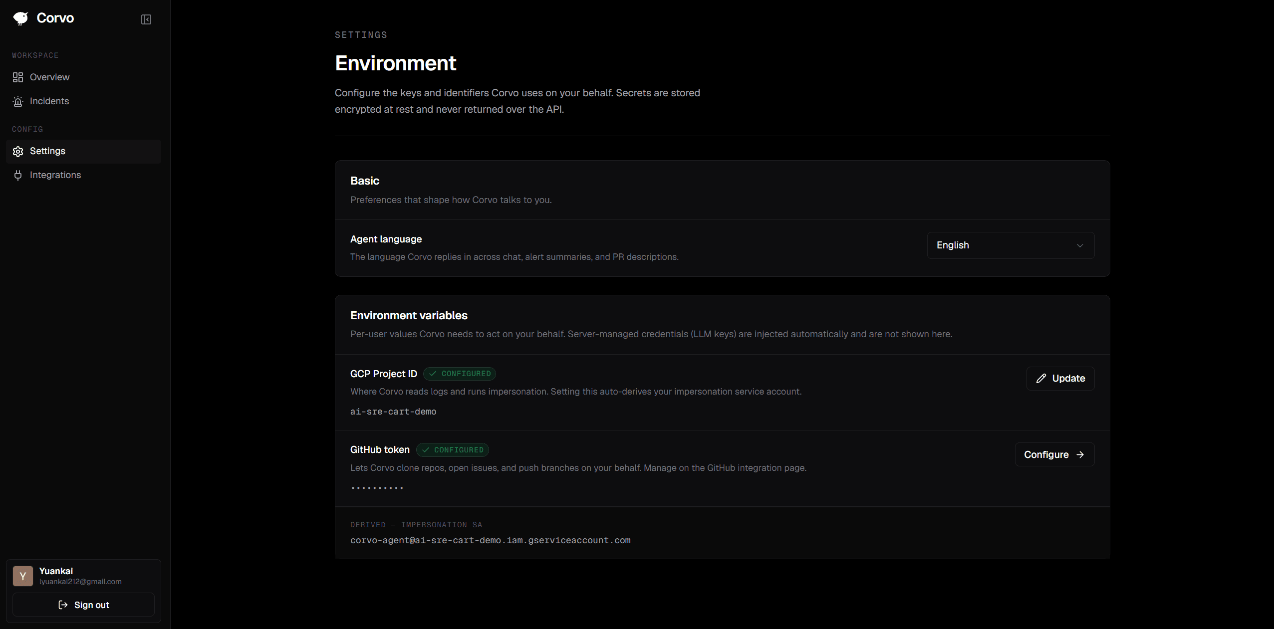 Onboarding dialog asking the user to choose the Corvo agent's reply language